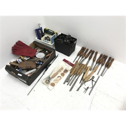 A quantity of Robert Sorby and Crown turned chisels, various other hand tools and chucks