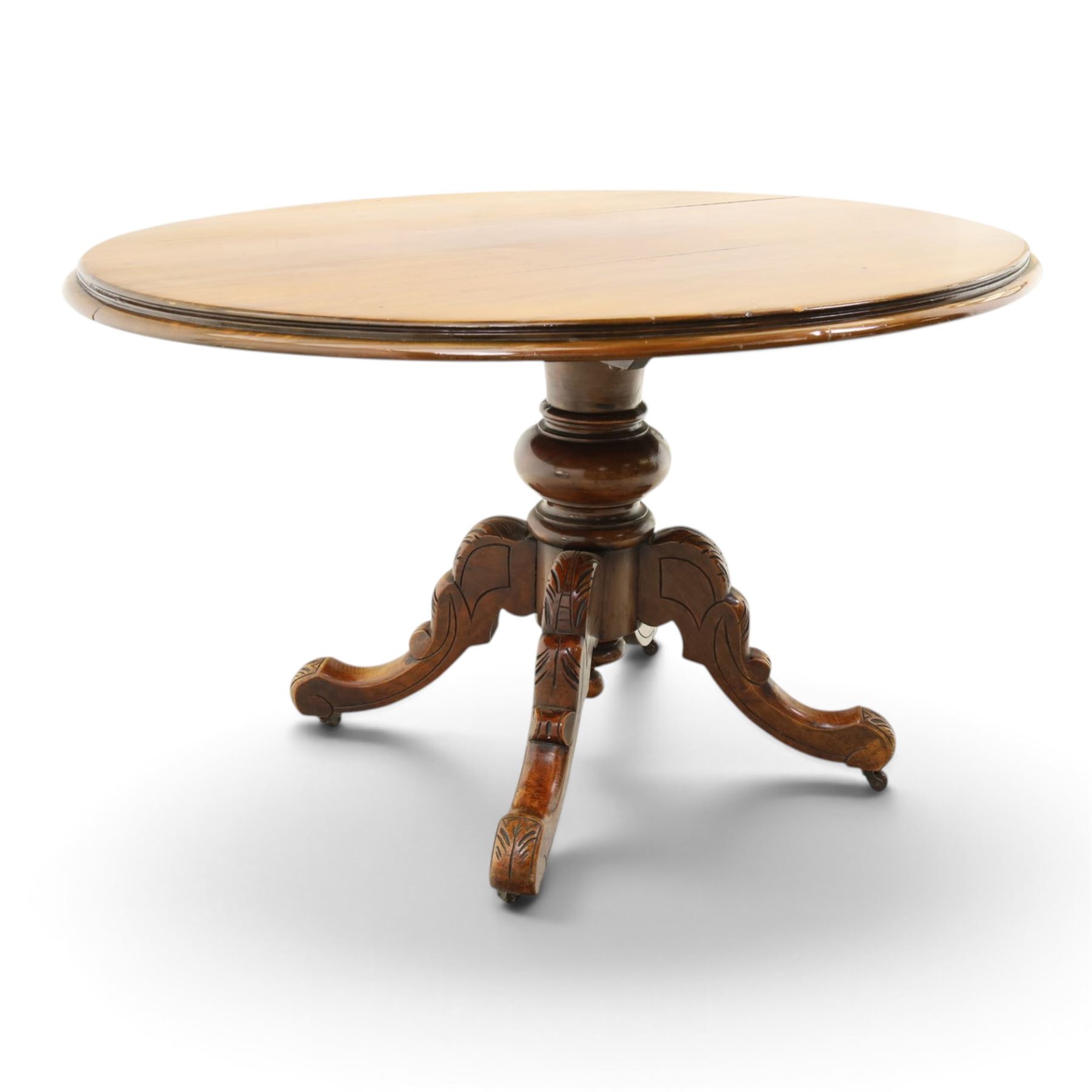 Victorian mahogany oval centre table, turned base with four carved splay legs (no fittings)