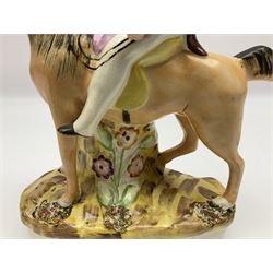 19th century Staffordshire figure of Robert Peel, titled 'Sir Robert Peel', modelled on horseback, atop an oval plinth base featuring a naturalistic and floral design, H30cm 