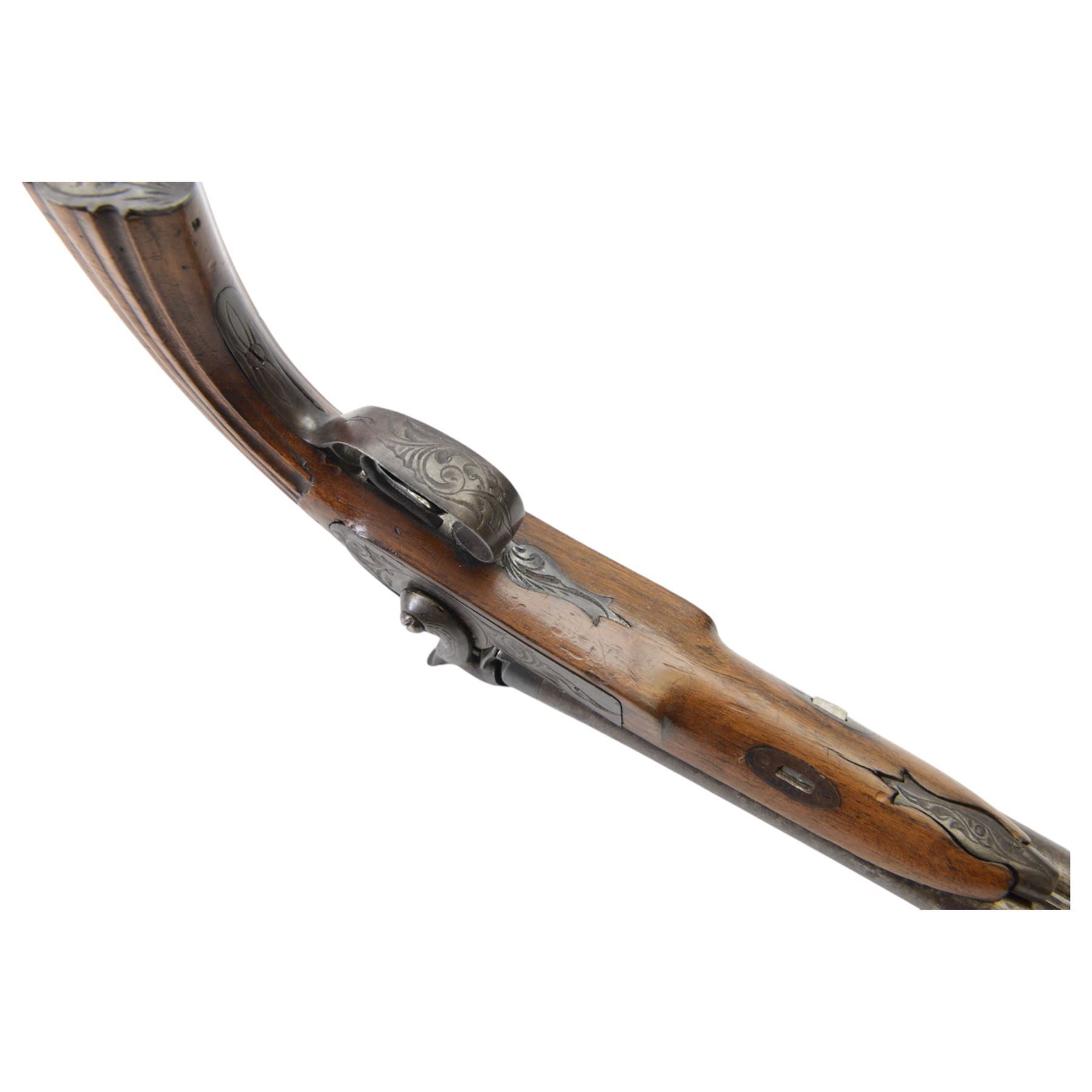 Mid 19th century double-barrelled Italian percussion pistol, smooth, round, 14 mm cal. barrels, forward spring lock engraved with floral motifs; wooden stock with grooved butt and engraved iron mounts, L35cm