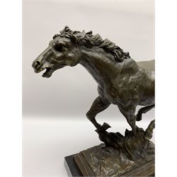 Large bronze study modelled as a horse in full gallop, with naturalistically modelled base, signed Milo, upon black marble base, H39cm L59cm