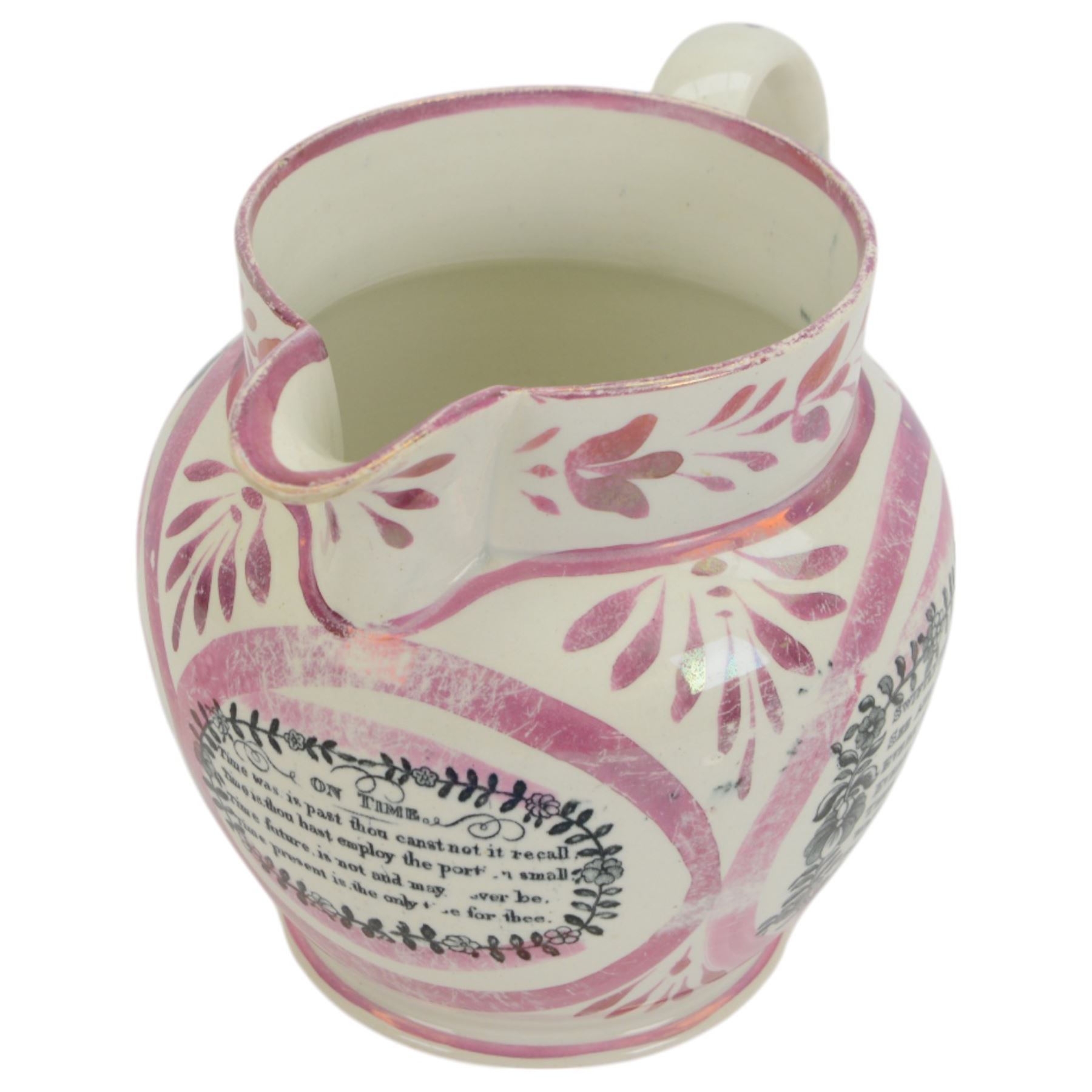 19th century Sunderland lustre jug, transfer printed with Northumberland 74, verse on Time to the front and the verse 'Swiftly see each moment flies...' to the other side, H18cm