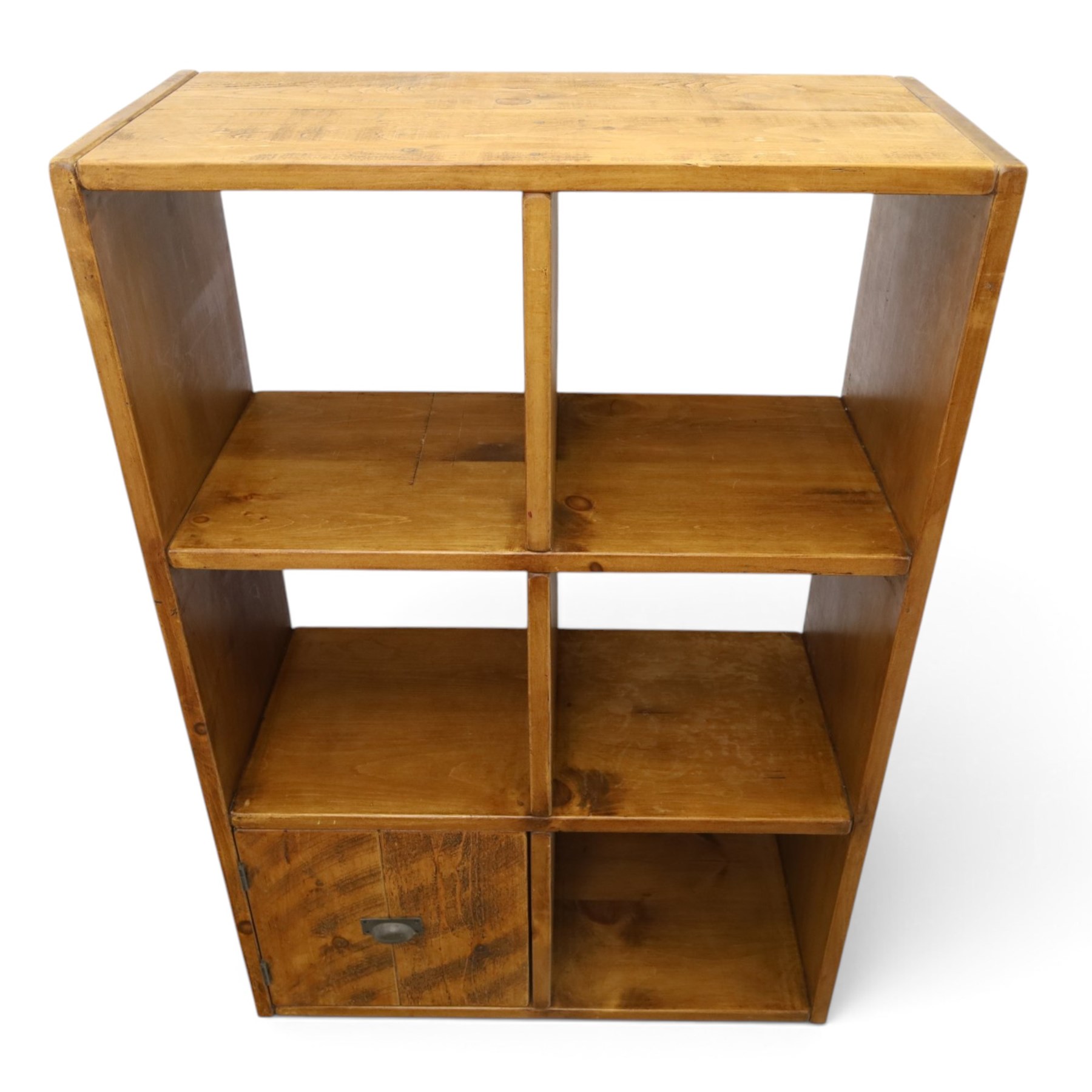 Indigo Furniture - rustic oak shelving unit with cupboard, five open shelves with a cupboard to the lower left, metal cup handles