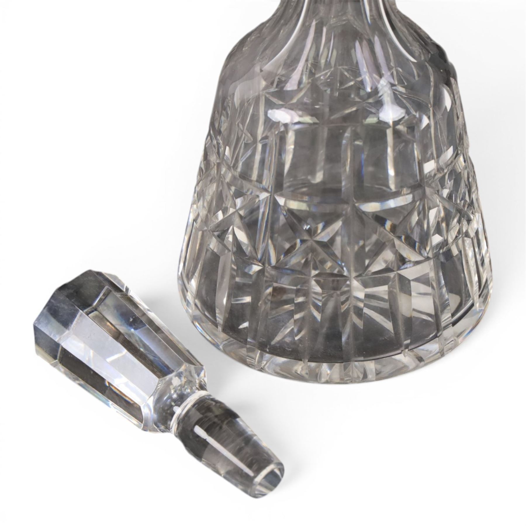 Silver collared glass decanter, with etched personalisation to body, together with two silver repousse corner panels