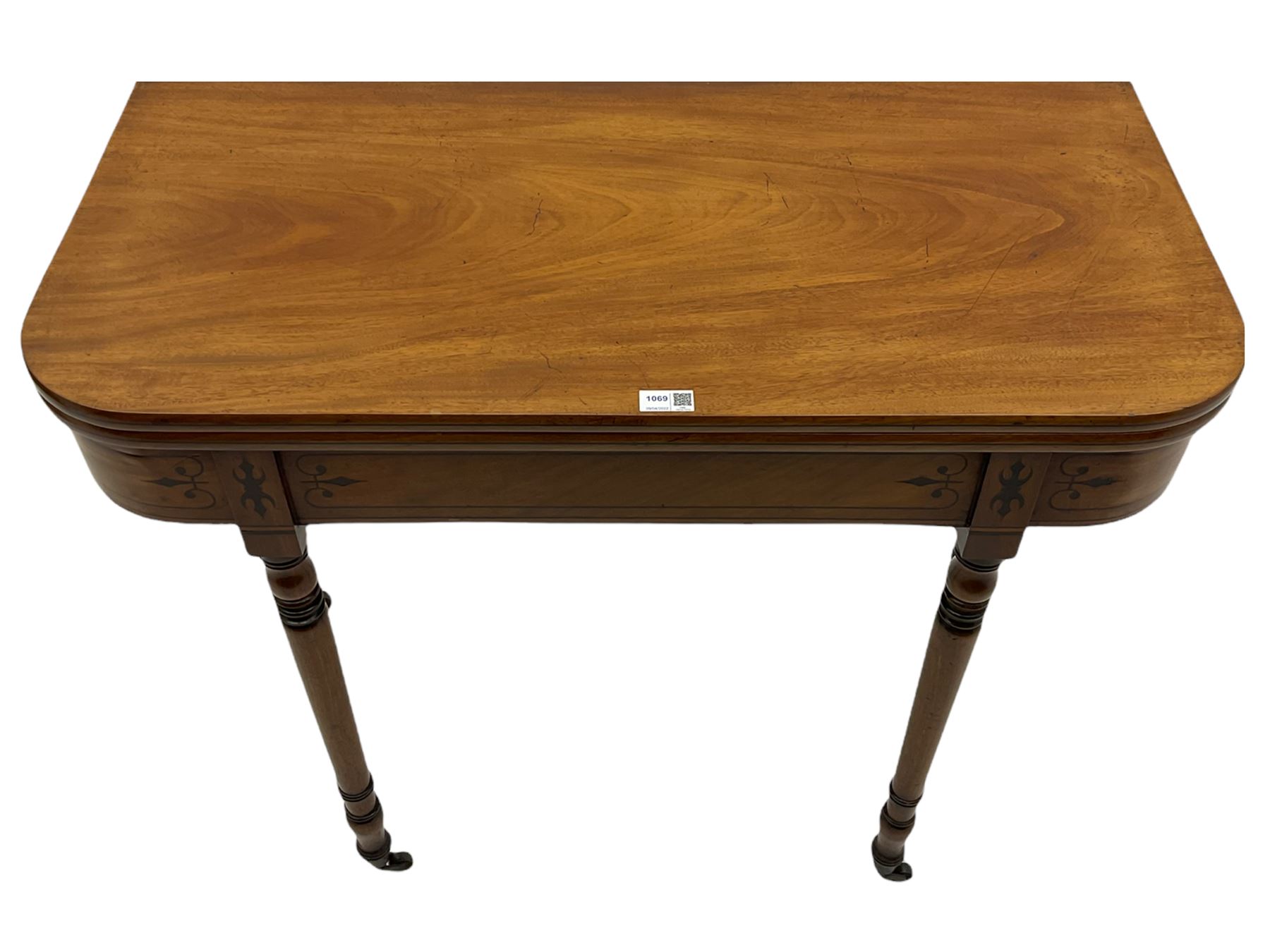 Early 19th century inlaid mahogany D-shaped tea table, fold-over top
