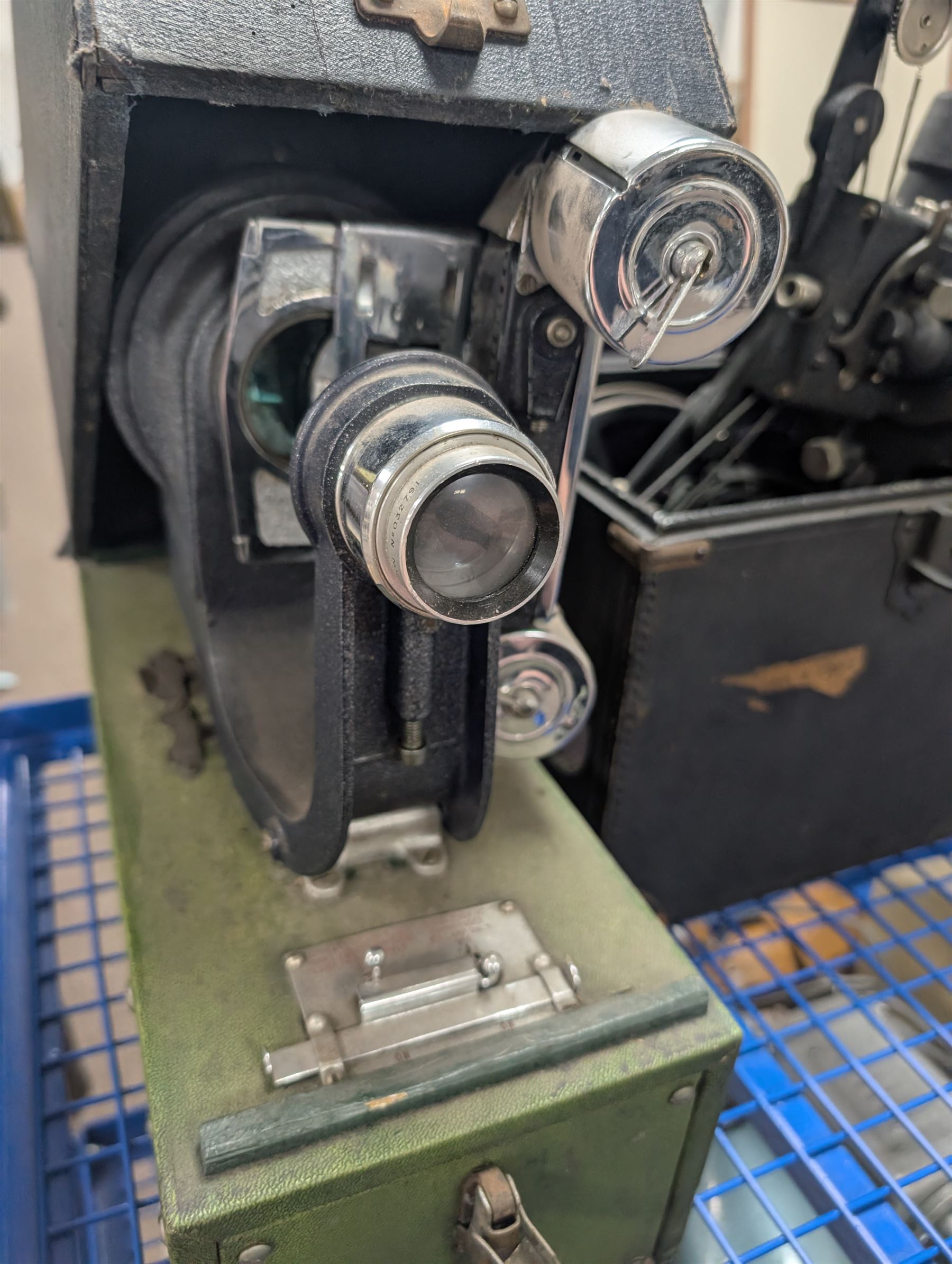 Collection of projectors, including Bell & Howell 613 cine projector, E J Arnold slide projector, Bolex home projector, Aldis 303, Bell & Howell Filmo 57 model projector, Leitz Wetzlar Pradovit Color, Kodak Instamatic M55L movie projector and a Gnome slide projector