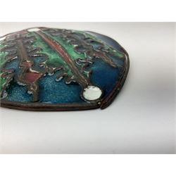 Henry George Murphy (1884-1939), Arts & Crafts enamel panel, of bulbous elliptical form decorated with a stylised crown in green, red and white, upon a turquoise toned ground, H12cm W9cm
