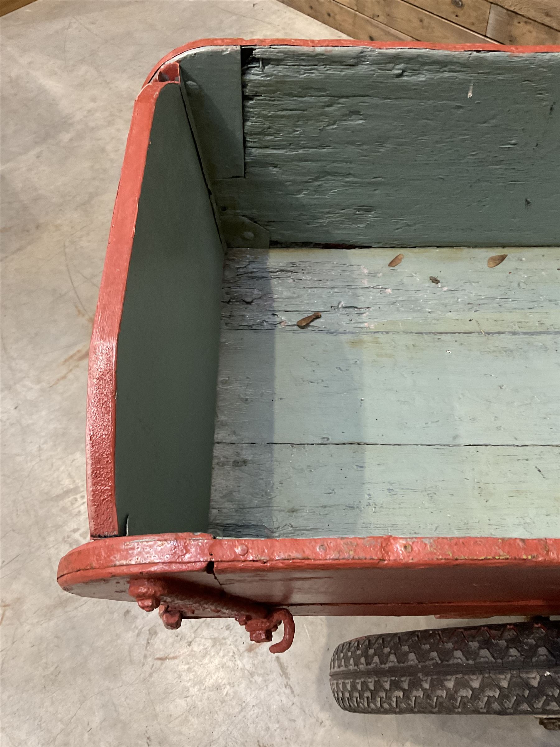 Painted timber hand cart on cast iron wheels