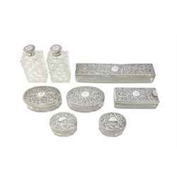  Victorian cut glass and silver vanity set by George Brace, London 1872, includes oblong box with screw lock retailed Samuel Fisher 188 Strand, (8)  