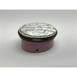 Late 18th century Staffordshire enamel patch box, of oval form with pink base, the hinged cover inscribed 'Have Communion with few, Be familiar with One, Deal justly with All, Speak evil of none' upon a white ground, opening to reveal mirror beneath, W4cm