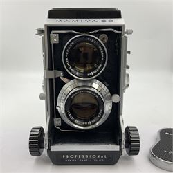 Mamiyaflex C3 TLR camera body, serial no. 215034, with 'Mamiya Sekor 1:2.8 f80mm' lens serial no. 765932