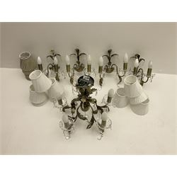 Pair of five branched chandeliers with leaf and droplets detail H39cm, along with four two branched wall lights with matching detail H28cm, with fourteen white pleated lampshades