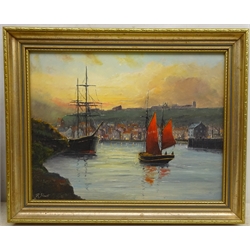  Robert Sheader (British 20th century): Fishing Boats in Whitby Harbour at Dusk, oil on board signed 34cm x 44cm  