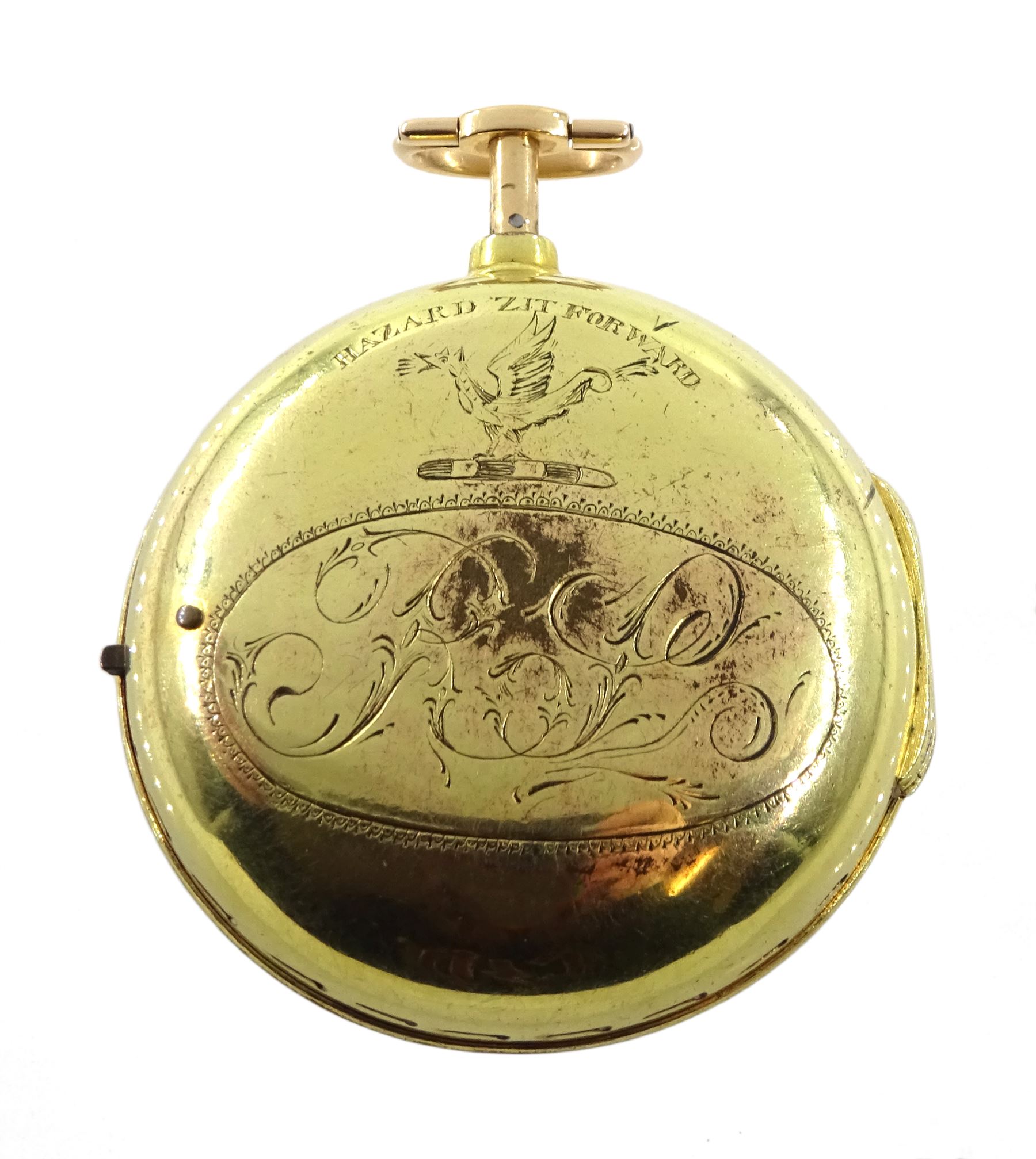 18th century gilt pair case quarter repeating cylinder fusee pocket watch by Matthew Hill (London 1744-ca.1790), No. 417, round pillars, pierced and engraved balance cock with diamond endstone, white enamel dial with Roman numerals, plunge repeat in the pendant, bull's eye glass, the outer case engraved with initials and bird with inscription 'Hazard Zit Forward'