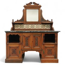 Edwardian walnut marble top washstand, with raised mirrored back and tile inset splashback...