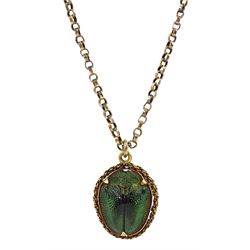 Early 20th century 18ct gold scarab beetle pendant, on 9ct gold necklace