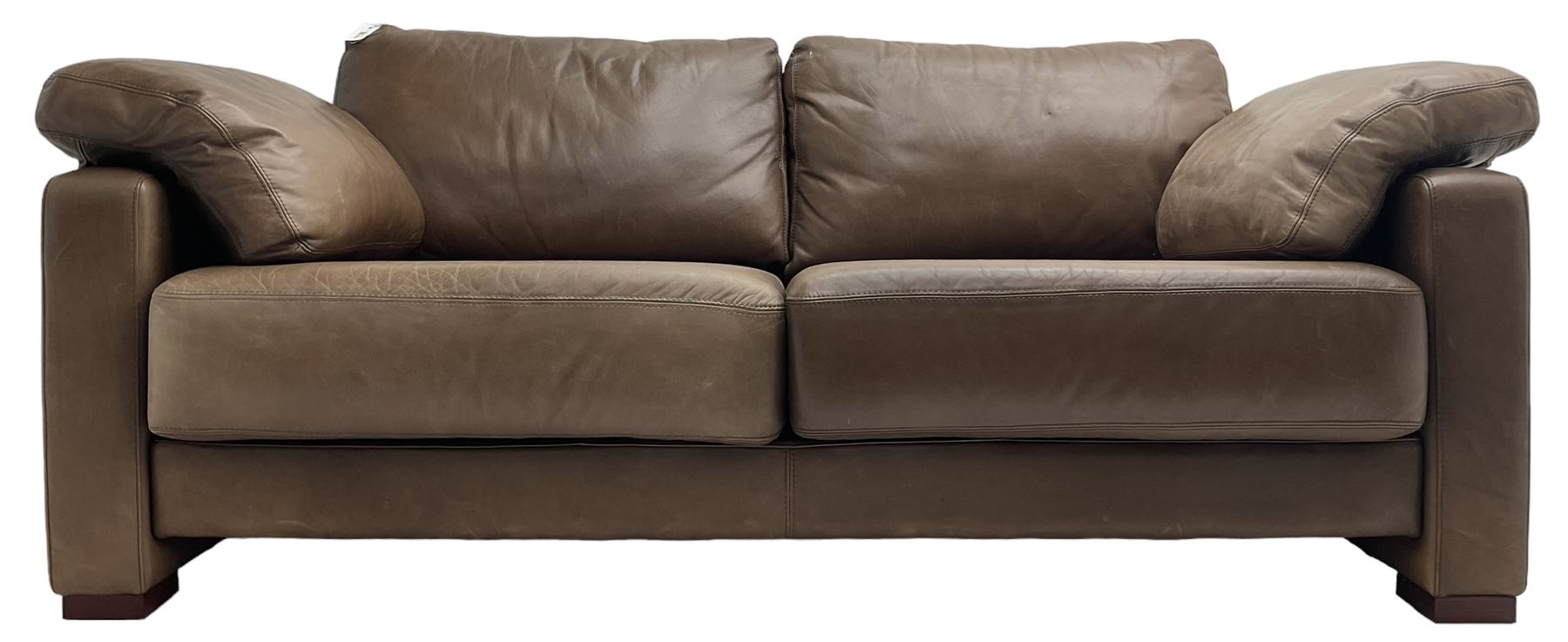 Heals - contemporary two seat 'Palermo' sofa, upholstered in chocolate brown leather, raised on wooden block feet