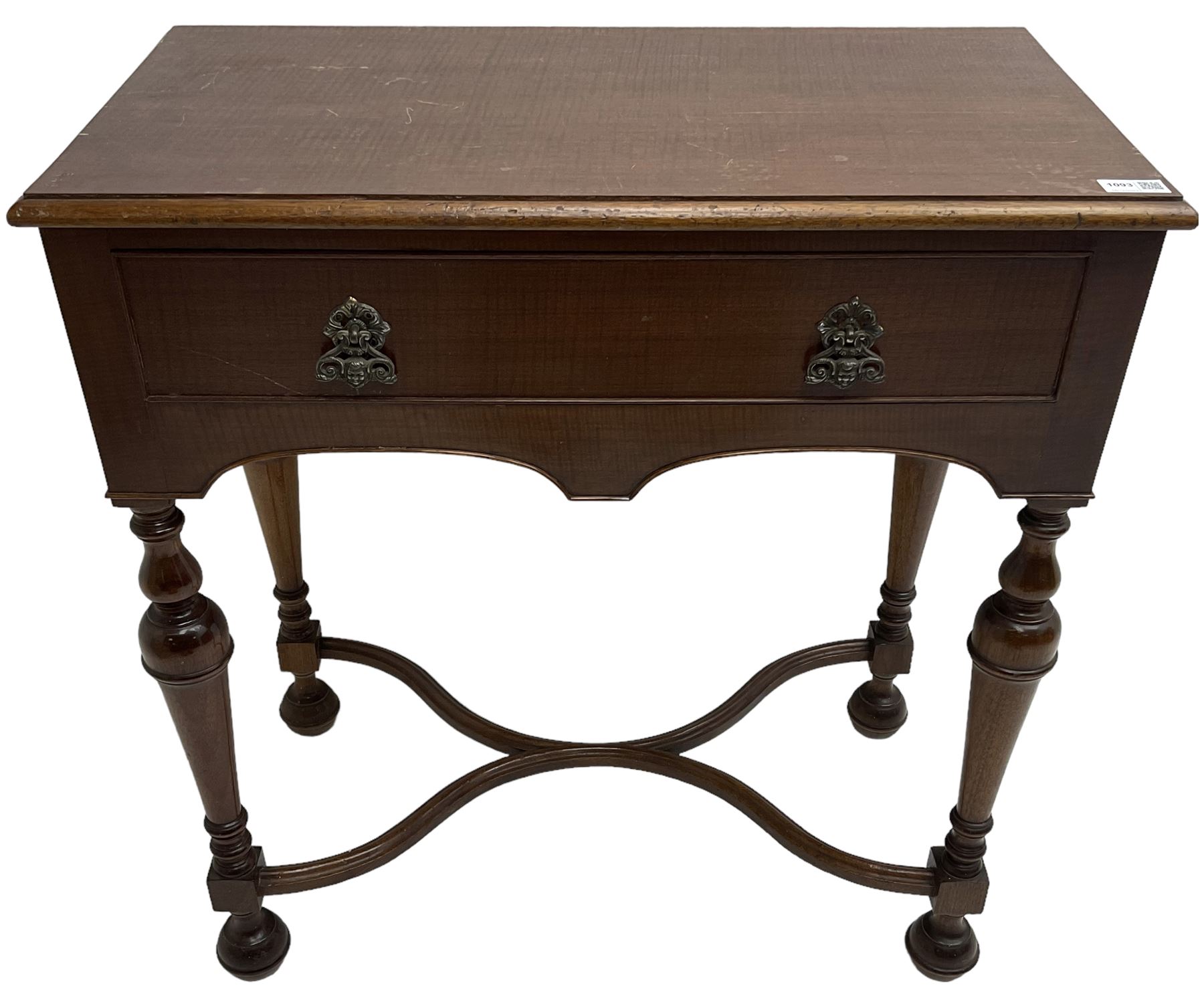 Georgian design mahogany lowboy, fitted with single cock-beaded drawer over double-arched apron, raised on turned supports united by shaped X-stretcher