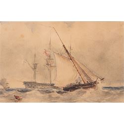 English School (19th Century): Ships at Sea, watercolour signed, in carved Florentine gilt frame, frame overall 34cm x 41cm; GWC (19th Century): Scarborough Beach, watercolour signed with monogram and dated '06, 9cm x 13cm (2)