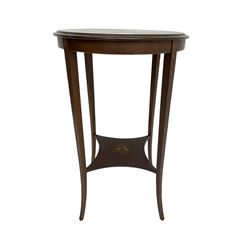Greenwood and Sons York - early 20th century mahogany side or lamp table, decorated with floral garlands and central musical instrument motifs, with square tapering supports joined by an under-tier 