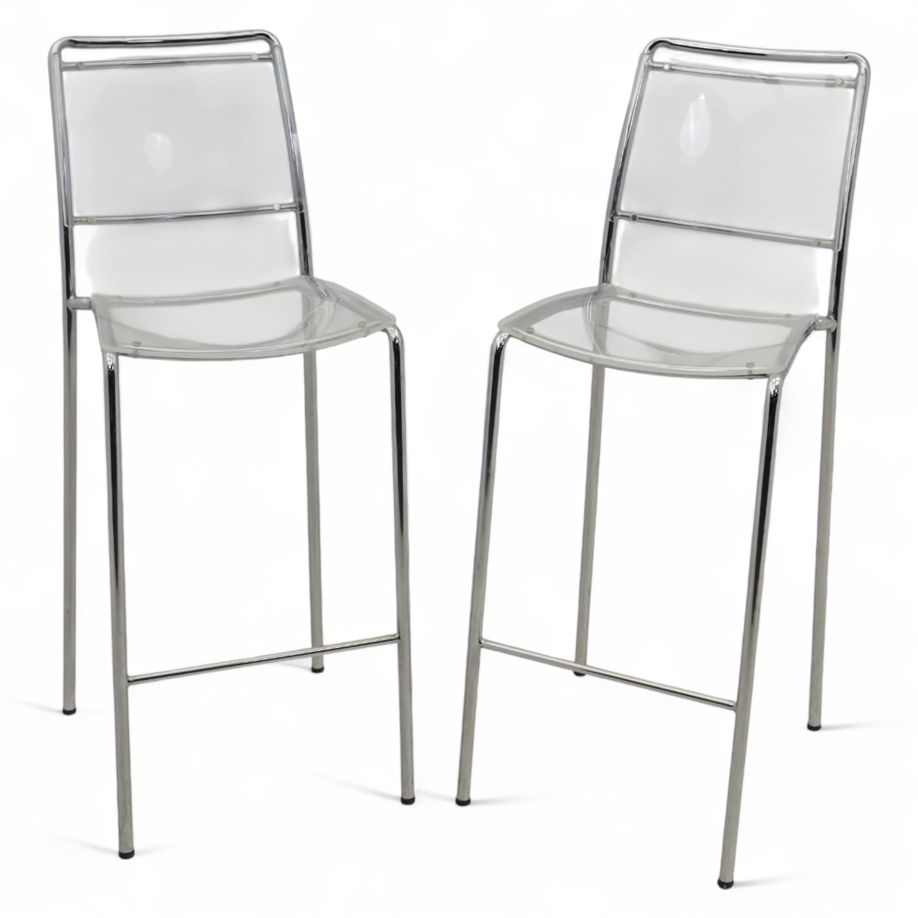 Pair of Italian Lucite and chrome high back stools, with clear moulded seats and backs supported by tubular chrome frames 