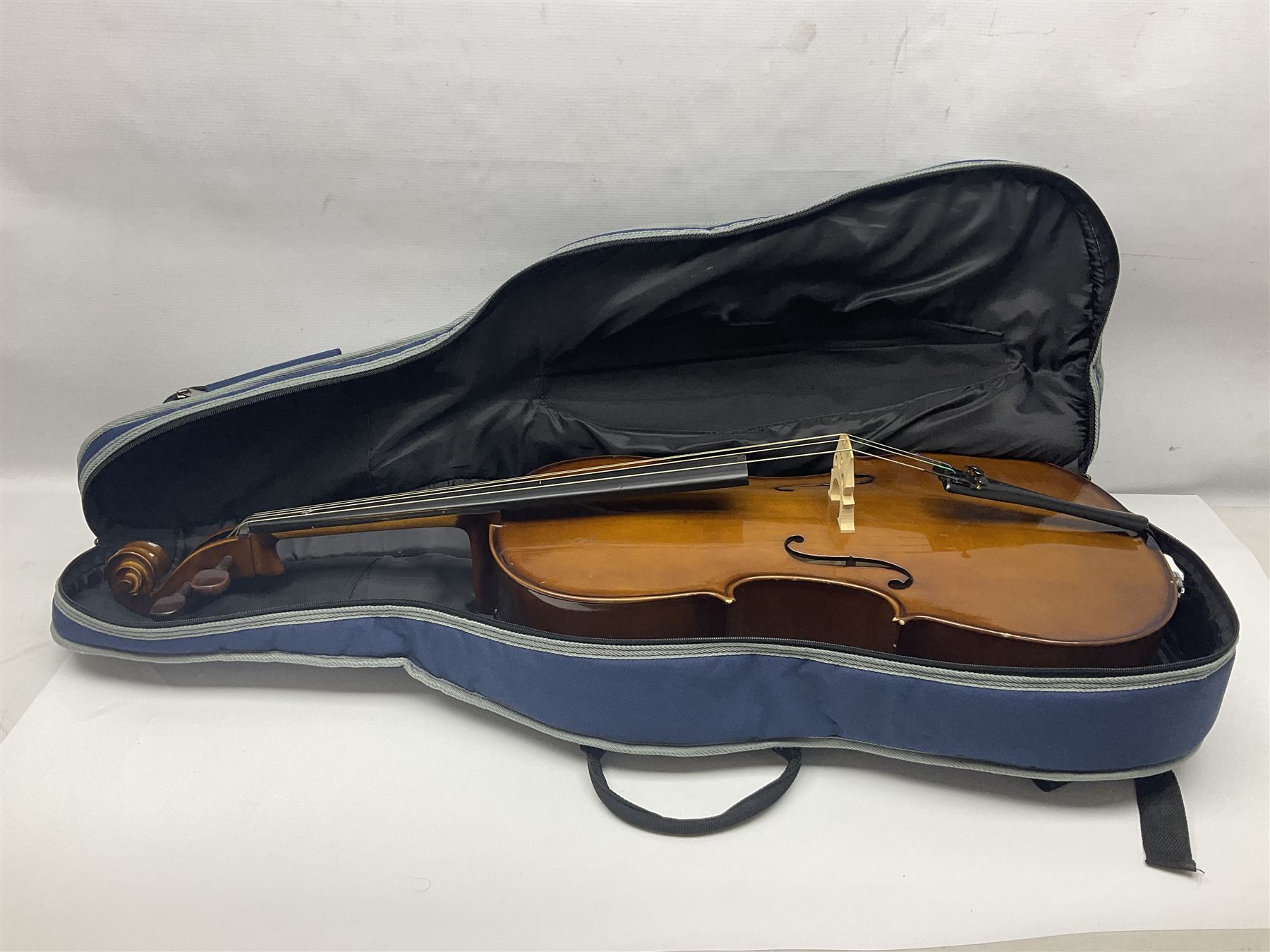 Stentor Student I quarter-size cello with 59.5cm two-piece maple back and ribs and spruce top; bears maker's label with serial no.M076096 L95.5cm overall; in Stentor soft carrying case with bow