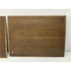 Pair of oak furniture door panels, carved in relief with a fox to one and a hound to the other, together with a pair of smaller oak panels, carved in relief with a hare to one and a grouse to the other, doors W63.cm x H62cm, panels W43cm x H60cm