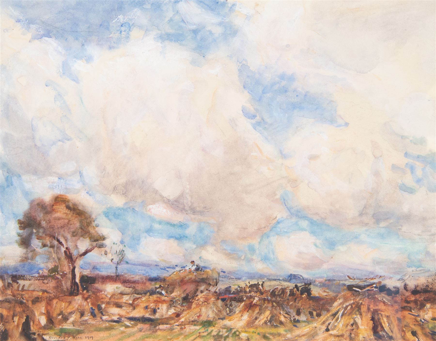Rowland Henry Hill (Staithes Group 1873-1952): The Hayfield under Heavy Clouds, watercolour and gouache signed and dated 1919, 34.5cm x 44.5cm
