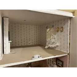 Modern scratch-built Palladian style wooden dolls  house as a 19th century double fronted two-storey property with simulated brick and stone walls under a removable simulated slate hipped roof; the triple hinged front elevation opening to reveal six rooms with central hall, stairs and landing L94cm H56cm D40cm