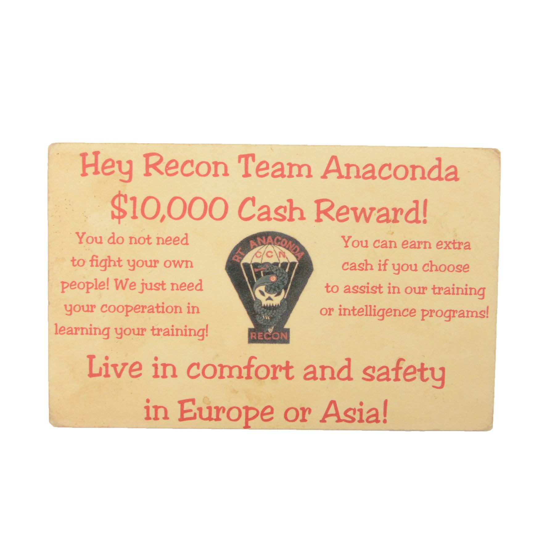 Vietnam War. North Vietnamese propaganda money card 'Recon Team Anaconda $10,000 Cash Reward!', H8cm, L12cm