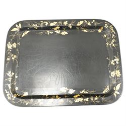Victorian ebonised and gilt-painted papier-mâché tray on later ebonised and parcel-gilt simulated bamboo stand, the rectangular removable tray with gilt foliate and butterfly scenes with scrolling branches, the base on four ring-turned and splayed supports united by X-stretcher