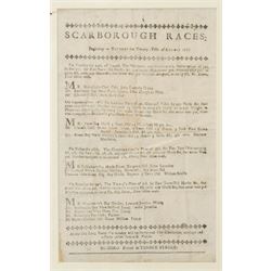 18th century handbill 'Hambleton Races August 1766' with list of runners and owners etc printed by J Jackson York 29cm x 17cm framed and another 'Scarborough Races August 1767' printed in Tanner Street Scarborough 27cm x 17cm framed (2) 
Provenance: property of a Nobleman