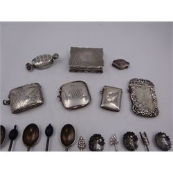 Group of silver, comprising four vesta cases, set of six coffee bean spoons, set of six Japanese export coffee spoons with lotus flower bowls, one other spoon and three boxes, including a sweet shaped box, all stamped or hallmarked 