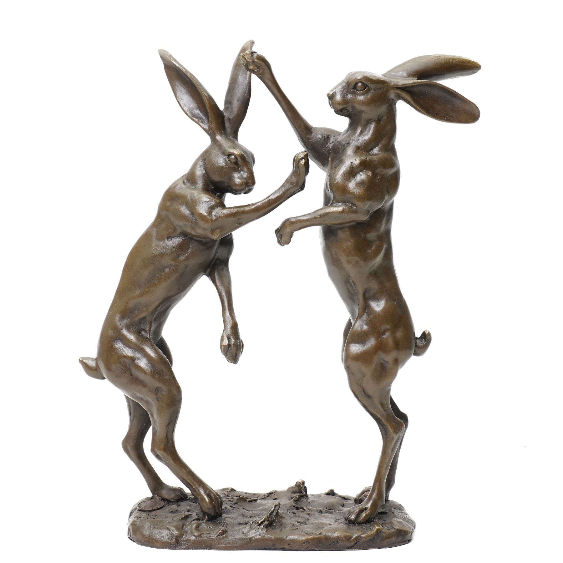Bronze figure group, modelled as two male hares boxing, upon a naturalistic base, with foundry mark, H27cm