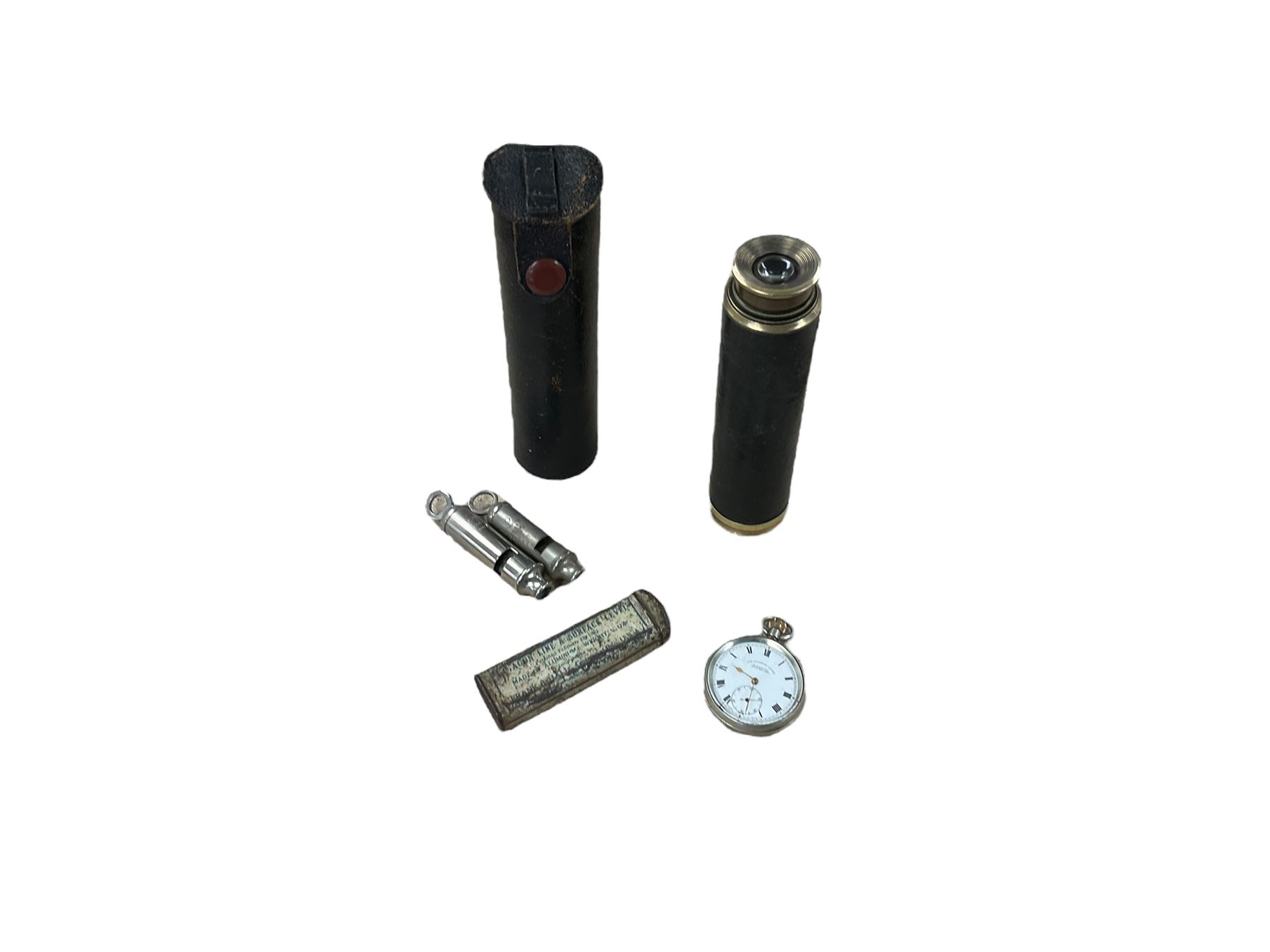 Four draw brass telescope in leather case, together with ARP whistle by Hudson, The Acme Scout Master whistle, pocket watch and Octagon line surface level