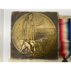 WW1 trio of medals comprising British War Medal, Victory Medal and 1914-15 Star awarded to 110076 Pte. J. Long Oxf. & Bucks. L.I. with post-war certificates of issue; together with bronze memorial plaque to James Long in envelope and card cover with George V message