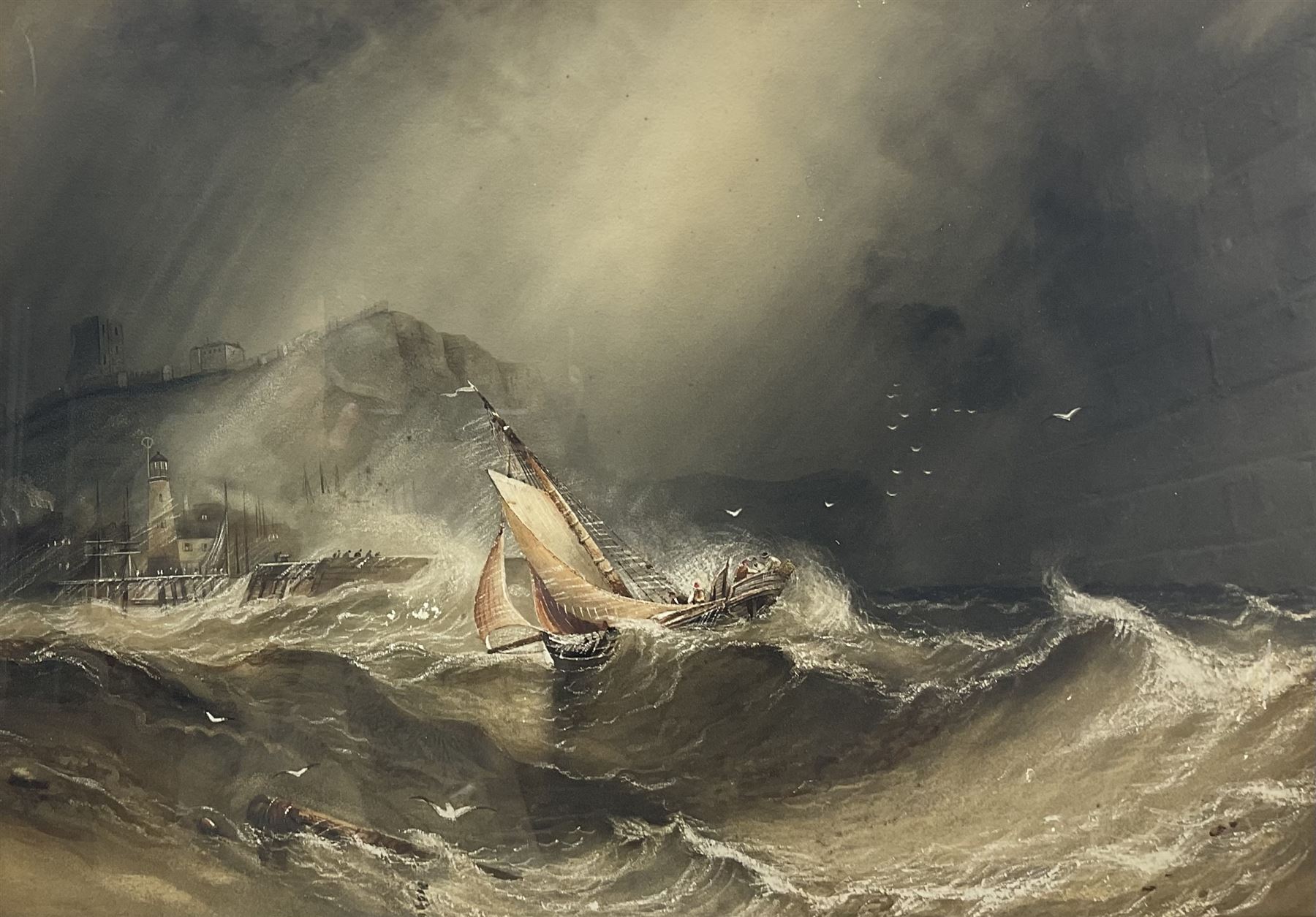 Henry Barlow Carter (British 1804-1868): Fishing Smack returning to Scarborough Harbour in Stormy Weather, watercolour with scratching out unsigned 50cm x 71cm 
Provenance: private collection, purchased David Duggleby Ltd 9th December 2013 Lot 104; with James Starkey Fine Art, Beverley, label verso