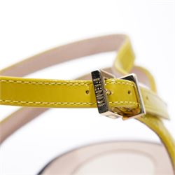 Fendi - pair of heeled sandals, in multicoloured pink, lime green red and brown patent leather, with black soles and block heels, slingback strap with gold-tone buckle fastening, size 37, unused with original dust bags