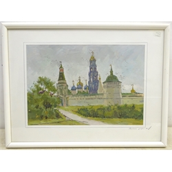 Russian School (20th century): 'Early Morning' - Orthodox Church, oil on board/paper unsigned, titled in Cyrillic and dated on the mount 19.5cm x 28.5cm