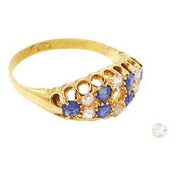 19th / early 20th century 18ct gold diamond and sapphire ring, three rows of old cut diamonds, each spaced by round cut sapphires, total diamond weight approx 0.50 carat
