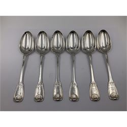 George IV Scottish silver Kings pattern cutlery for six place settings, to include table spoons, table forks, dessert spoons and dessert forks, all engraved with shamrock crest to terminal, hallmarked Robert Gray & Son, Glasgow 1833