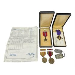 American Purple Heart Medal awarded to 32634848 Charles H. Poppo; cased with identity tags and paperwork; and Bronze Star Medal awarded to U.S. Marine Esteban T. Maranao; cased; American WWII Victory Medal and Asiatic Pacific Campaign Medal