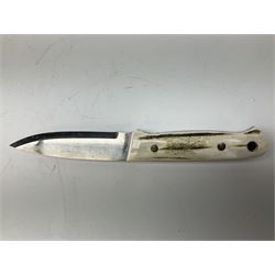Three hunting knives, each blade marked A. Wright & Sons Sheffield, one with leather handle, one with horn handle and one with antler handle; each with leather sheath (3)