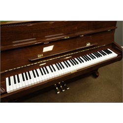  'Steinbach' upright piano in walnut finish case, iron framed and overstrung with damper pedal, with matching adjustable stool, no. UP108D1 2000664, W146cm, H108cm, D55cm  