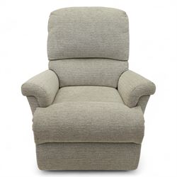 Sherborne - Pair of armchairs, in grey chenille fabric upholstery with fixed cushions and upholstered scroll arms, on castors