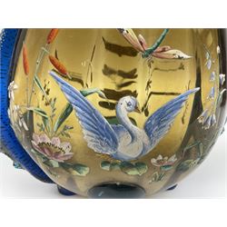 Pair of 19th century glass vases in the style of Auguste Jean, of bulbous form with lobed rim and applied blue glass zoomorphic handles, painted with enamel flowers, dragonflies and swans, upon four blue glass feet, H26cm