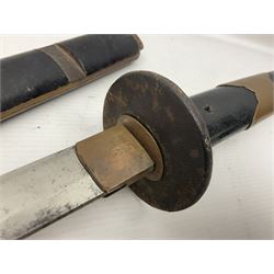 Good quality Japanese sword blade with later WWII fittings and scabbard  - 67.5cm slightly curving blade with unmarked tang, plain iron tsuba and lacquered grip with copper mounts; in lacquered wooden scabbard with tape bound tip L94cm overall