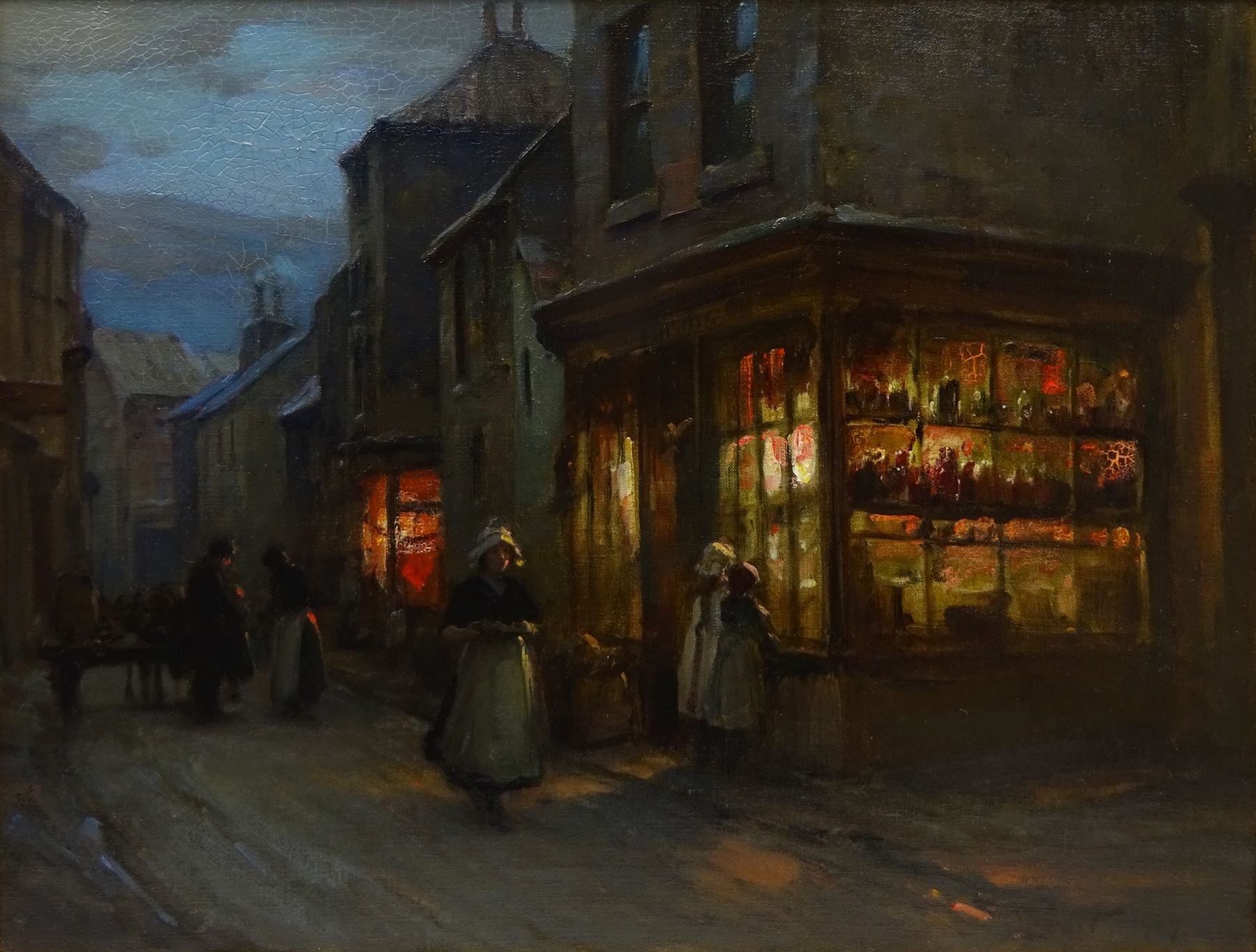 William Pratt (Scottish 1855-1936): 'Evening at Staithes' - the High Street, oil on canvas signed and dated 1909, titled on original label verso 45cm x 60cm 
Notes: Pratt seemingly visited Staithes multiple times in the early 1900s, as the companion to this picture, 'In the Shallows' (sold by Lyon & Turnbull 27/01/16, lot 536), in an identical frame and also depicting Staithes, is dated 1910. The shop in the foreground was a grocery run by Joseph Verrill, described in 1911 as 'grocer and agent for W & A Gilbey Ltd, Wine and Spirit Merchants'. He was often assisted by his two daughters, Lavinia and Hannah. The Verrills were one of the largest families in Staithes; Joseph Verrill Snr (1839-1910) was first coxswain of the Staithes lifeboat, and Isaac Verrill (1811-1895), a fisherman, was photographed by Frank Meadow Sutcliffe (1853-1941). The building became the gift shop of W & H Dean in the 1950s, and is now the Endeavour Café.
