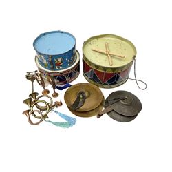 Vintage musical toys including three tin-plate drums by Chad Valley etc; two sets of cymbals; five miniature brass/copper bugles and horns; together with a quantity of vintage dolls artificial fruit and vegetables and basket ware; glass marbles etc