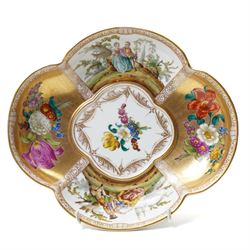 Collection of Helena Wolfsohn Dresden porcelain works, comprising a quatrefoil dish, D24cm, a chocolate cup with socketed saucer, two teacups, one with saucer, and a pair of twin-handled covered cups, each decorated with panels of flowers and courting scenes, various blue marks to bases